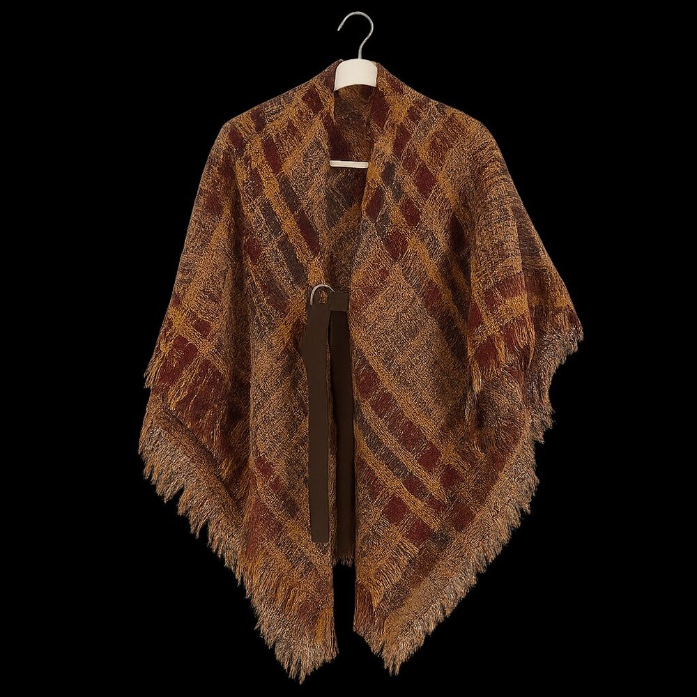 Plaid Fringe Poncho knit warm over the shoulder with tie grandma core cultural